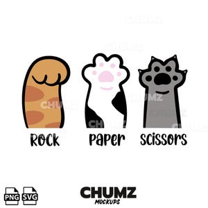 May include: A whimsical illustration of cat paws representing the game Rock, Paper, Scissors. The "Rock" paw is brown and orange, "Paper" is white and black with pink pads, and "Scissors" is gray. The text "Rock", "Paper", and "Scissors" is below each paw.