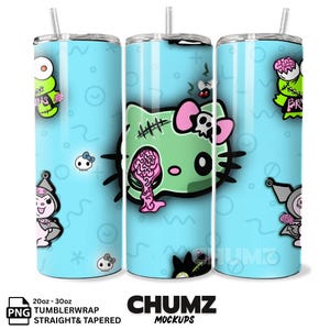 May include: Three light blue 20oz-30oz tumblers with a zombie-themed design. The design features cartoon characters with zombie features, including exposed brains and stitches. The tumblers have a straight and tapered shape and include a straw.