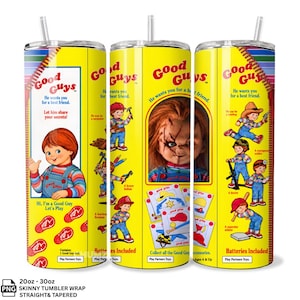 May include: A yellow cylindrical tumbler featuring Good Guys branding, a red-haired doll graphic, and various illustrations of the character in different outfits. The design includes text such as He wants you for a best friend and Batteries Included.