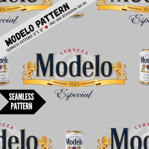 May include: A seamless pattern design featuring the Modelo beer logo in navy blue and gold on a light grey background. The design includes the words "Modelo," "Cerveza," and "Especial," along with the year "1925." The pattern also includes images of beer cans.