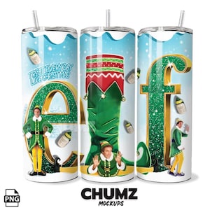 May include: Three stainless steel tumblers with an "Elf" movie theme. Each tumbler displays a letter spelling "Elf" in gold, with images of the character and quotes. The background is a blue winter scene with falling snow, perfect for Christmas.