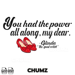 May include: A black and white graphic with the text "You had the power all along, my dear. - Glinda "The good witch"".  The graphic also features a pair of red ruby slippers with glitter.