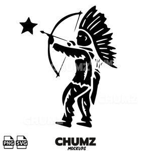 May include: Black and white graphic of a Native American figure aiming a bow and arrow at a star. The figure is wearing a headdress. The text "CHUMZ MOCKUPS" is at the bottom, along with "PNG SVG" icons.