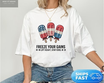 Comfort Colors® Freeze Your Gains Shirt, Patriotic Gym Tee, 4th of July Workout Shirt, Fitness Motivation Tee, Red White Blue Gym Gift