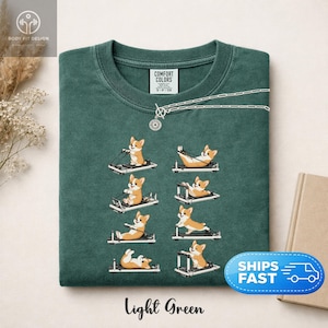 Op de afbeelding: Een lichtgroen t-shirt met een ontwerp van cartoon corgi's die Pilates-reformer gebruiken. De tekst "Light Green" staat onderaan. Een zilveren ketting is over het shirt gedrapeerd. Het shirt is van het merk Comfort Colors.