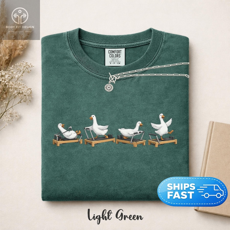 Peut inclure: T-shirt vert clair Comfort Colors avec un motif fantaisiste d'oies blanches faisant de l'exercice sur des appareils de Pilates. Le t-shirt a un col rond et des manches courtes. Un collier argent&eacute; avec un pendentif en forme d'&eacute;clat de soleil est &eacute;galement visible.