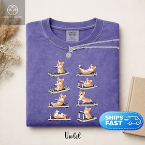 Op de afbeelding: Violetkleurig T-shirt met een herhaald patroon van cartoon corgi's die oefenen op Pilates-reformers. Het shirt heeft een ronde hals en een Comfort Colors-label. Een zilveren ketting met een zonnestraalhanger is over het shirt gedrapeerd. Het woord "Violet" staat onderaan gedrukt.