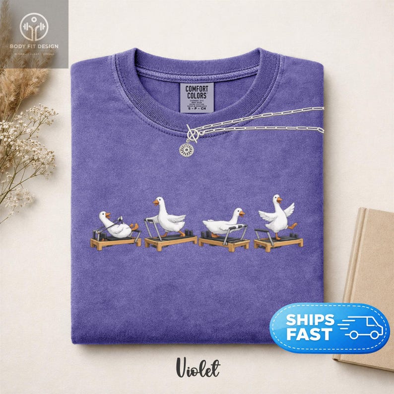 Peut inclure: Un t-shirt violet Comfort Colors avec un motif fantaisiste de oies blanches faisant de l'exercice sur des appareils de Pilates. Un collier argent&eacute; avec un pendentif circulaire est pos&eacute; sur le t-shirt. Le mot "Violet" est imprim&eacute; en bas.