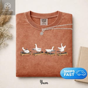 Peut inclure: Un sweat-shirt couleur terre cuite avec un col rond. Le t-shirt pr&eacute;sente un motif brod&eacute; de quatre oies blanches sur des appareils de Pilates. Un collier argent&eacute; avec un pendentif en forme d'&eacute;clat de soleil est drap&eacute; sur le t-shirt. Le texte "Yam" est en bas.