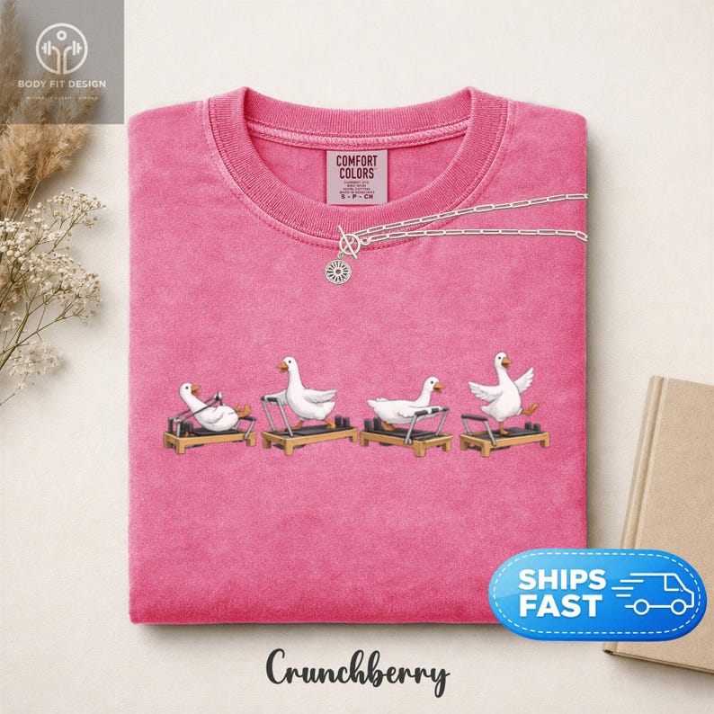 Peut inclure: T-shirt rose Comfort Colors avec col rond et motif d'oies blanches faisant de l'exercice sur des appareils de Pilates. Un collier argent&eacute; avec un pendentif soleil est sur le t-shirt. Le texte "Crunchberry" est en bas.