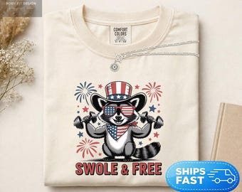 Comfort Colors® Swole & Free Shirt, Funny Patriotic Gym Tee, 4th of July Workout Shirt, USA Raccoon Fitness Gift, Freedom Lift
