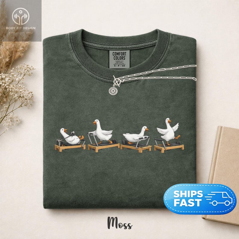 Peut inclure: T-shirt vert mousse Comfort Colors avec un motif de oies blanches faisant de l'exercice sur des appareils de Pilates. Un collier argent&eacute; avec un pendentif soleil est pos&eacute; sur le t-shirt. Le mot "Moss" est imprim&eacute; en bas.