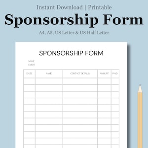 Op de afbeelding: Een printbaar sponsorformulier met de titel "Sponsorformulier" en koppen voor "Naam", "Evenement", "Datum", "Contactgegevens", "Bedrag" en "Betaald".