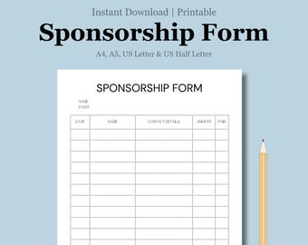 Printable Sponsorship Form: Fundraiser Template (Digital Download)