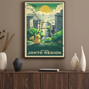 Pikachus Abenteuer – Pokémon Reisekunst | Digitaler Download | 1 von 10 Regionen Poster Print - Entdecke Johto Region