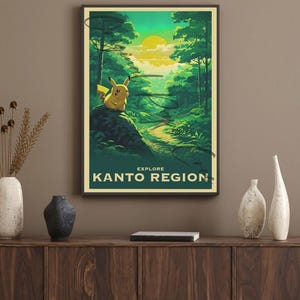 Pikachus Abenteuer – Pokémon Reisekunst | Digitaler Download | 1 von 10 Regionen Poster Print - Erkunden Sie die Region Kanto