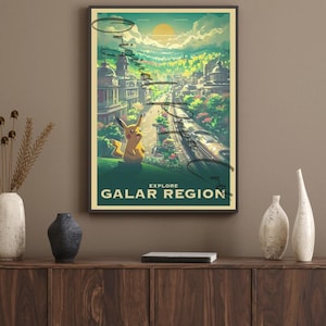 May include: A vintage-style travel poster featuring a yellow Pikachu Pokemon standing on a grassy hill overlooking a city with a train track running through it. The poster has the text "Explore Galar Region" at the bottom.