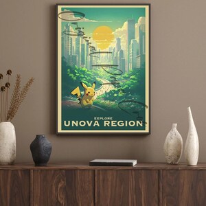 May include: A retro-style travel poster featuring a yellow Pikachu standing on a path leading to a city skyline. The poster has a green background with a yellow sun and the text "Explore Unova Region".