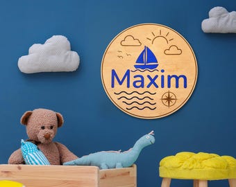 Personalized Nautical Name Sign | Custom Sailboat Nursery Decor | Round Wooden Kids Room Plaque
