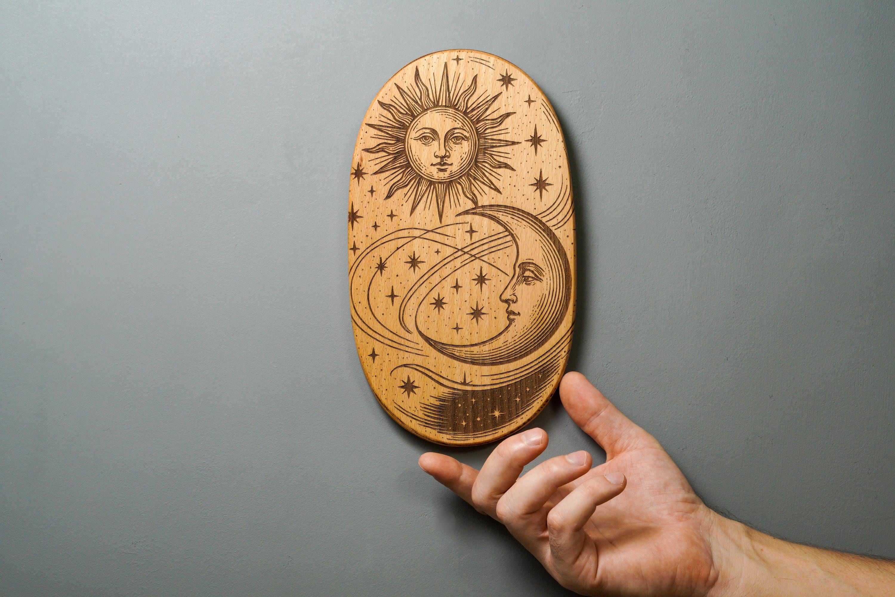 Celestial Wood Panel: Renaissance Cosmic Wall Art - Sun, Moon