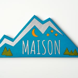 Custom Mountain Name Sign | Personalized Woodland Nursery Decor | Blue Adventure Kids Room Plaque