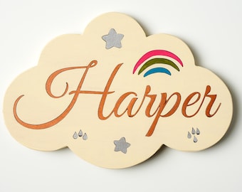 Custom Cloud Name Sign | Personalized Rainbow Nursery Decor | Wooden Door Plaque for Baby Room