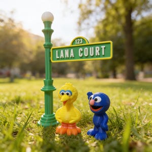 以下が含まれることがあります： 「LANA COURT」と「123」の数字が書かれた緑色の街路標識、黄色いビッグバードのフィギュアと青いグローバーのフィギュアが並んでいます。緑色の街灯がある芝生の公園の風景です。