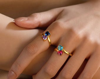 Heart Birthstone Ring, Custom Two Birthstone Ring, Dainty Gemstone Ring Gold, Stackable Ring, Couple Gift, Gift for Bridesmaid, Gift for Her