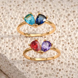 Custom Heart Birthstone Ring, Personalized 2 Birthstone Ring, Pear Cut Birthstone Rong, Birthstone Jewelry, Toi Et Moi Ring, Birthday Gift