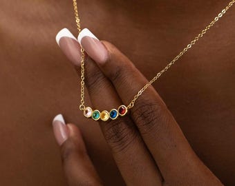 14k Gold Family Birthstone Necklace, Vermeil Bezel Set Birthstone Necklace, Gemstone Jewelry, Gift for Wife, Necklace for Mom, Birthday Gift