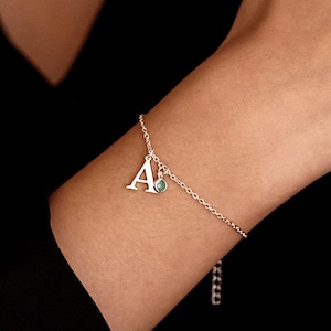 Personalized Initial Birthstone Bracelet, Silver Initial Bracelet, Stone Bracelet, Letter Bracelet, Jewelry for Women, Holiday Gift for Her
