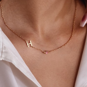 Zijwaartse eerste geboortesteenketting, briefketting, familiegeboortesteen, 14K gouden ketting, gepersonaliseerde sieraden, uniek cadeau voor moeder