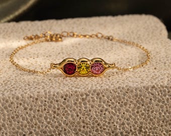 Custom Birthstone Bracelet, Peas in a Pod Birthstone Bracelet, 18k Gold Bracelet, Family Birthstone Bracelet for Mom, Mothers Day Gift