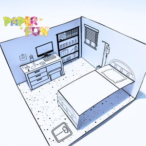 May include: A papercraft diorama of a doctor's office or hospital room. The room includes a bed, desk, shelves with medical supplies, and a scale. The words "PAPER FUN" are at the top in colorful letters.