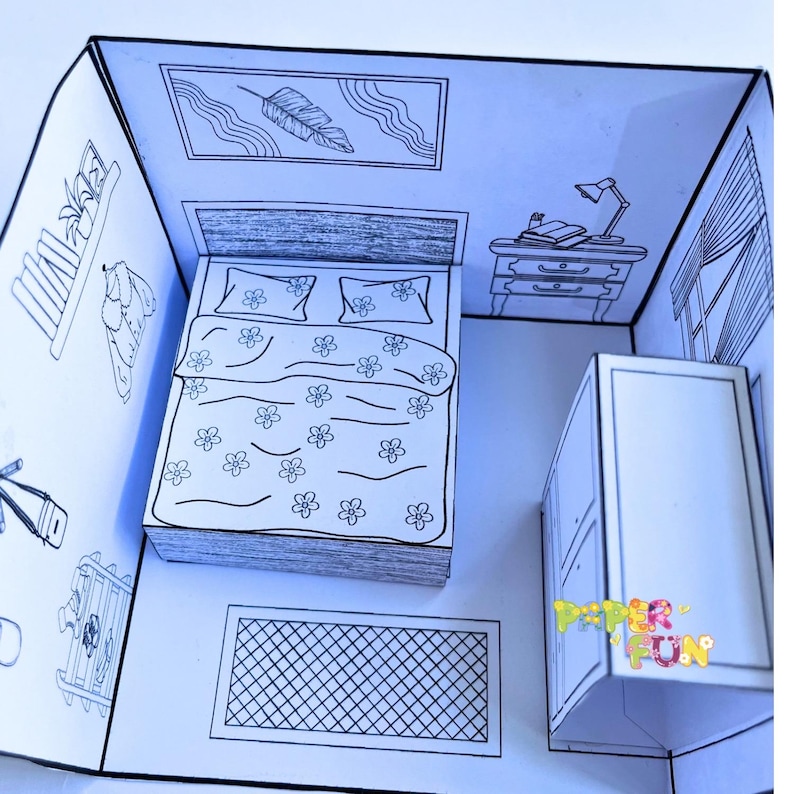Printable Dollhouse Paper Model: 3D Bedroom Coloring Page (PDF Download ...