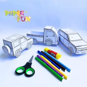 Carro Brinquedos de Papel Folhas de Atividades para Imprimir Kit de Artesanato Páginas para Cortar e Colorir Artes e Atividade de Artesanato para Crianças Download Digital Carro 3 em 1