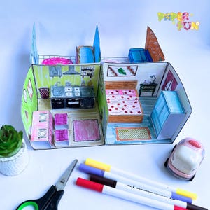 Casa de muñecas 3D, manualidades de papel imprimibles para niños creativos con 4 habitaciones y muebles, plantilla de casa de papel emergente, proyecto escolar para estudiantes