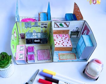 Printable Dollhouse Paper Craft: 4 Rooms & Furniture (PDF Download A4 Size)