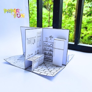 Pop-up poppenhuisboek 3D-afdrukbaar papier voor creatieve kinderen met 4 kamers en meubels Knip- en kleurplaten Papieren huissjabloon