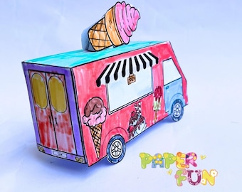 May include: A colorful, hand-drawn ice cream truck with a pink body, blue accents, and a green roof. The truck features ice cream cone illustrations and the word "OPEN" on a small sign. A large ice cream cone tops the truck. The words "PAPER FUN" are also visible.