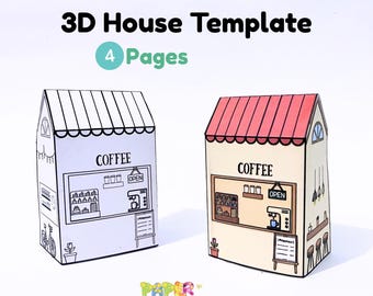 3D Paper House Craft Template | Bakery, Coffee Shop Coloring Activity (Digital Download)