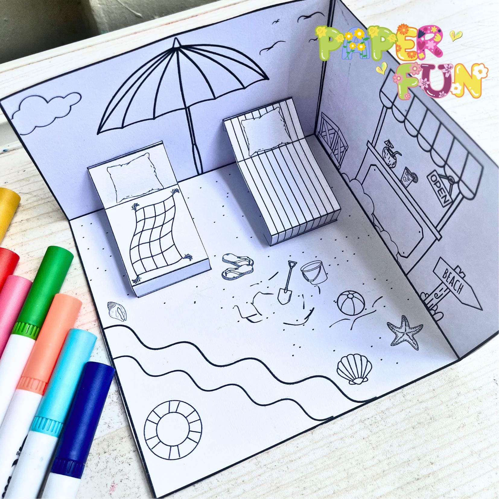 30 DIY Beach Crafts For Kids Perfect On Sunny Days 5 3D Beach Pop-Up Diorama - Printable Paper Craft & Coloring Activity…
