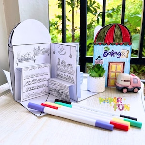 Pop-up poppenhuis Bakkerijboek 3D-afdrukbaar papier knutselen voor kinderen met 4 kamers en meubels Papieren huiskleuring Studentenschoolproject