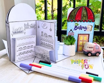 Printable Pop Up Dollhouse Bakery Book: 3D Paper Craft Project (PDF Download A4 Size)