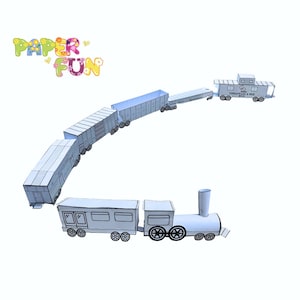 May include: A paper craft train set with a locomotive, several boxcars, and a caboose. The train is white with black detailing and is arranged in a curved line. The words "PAPER FUN" are in colorful bubble letters.