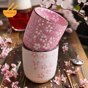 Tasse à thé japonaise faite main en céramique, tasse à thé japonaise en porcelaine Sakura fleurs roses et blanches, tasse à café en céramique sans poignée, tasse à thé, cadeau parfait