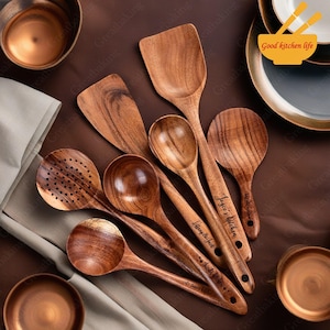 Personalized Name Wooden Spoon Set, Wooden Utensil Set,Custom Engraved Monogram Spoon Set,Teak Wood Cooking Spoon,Mother‘s Day,Gifts For Her