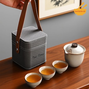 Artisan Engravable Travel Tea Set - Portable Ceramic Teapot with 3 Cups & Carrying Pouch, Tea Lover Gift with Customization