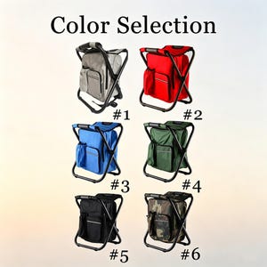 May include: Six portable folding stool backpacks labeled Color Selection. Each features a black metal frame, a seat, a main storage compartment, a front zippered pocket, and a side pouch. Colors include gray, red, blue, green, black, and camouflage.