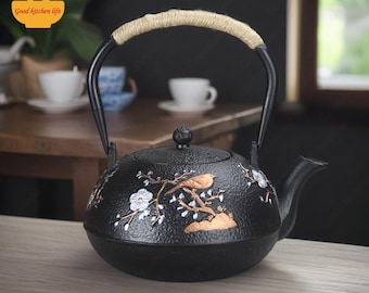 Black Cast Iron Teapot,Unique Design Painted Pattern Teapot,Kitchen Accessory,Tea Brewing Tool,Electronic Stove Kettle,Charcoal Stove Kettle